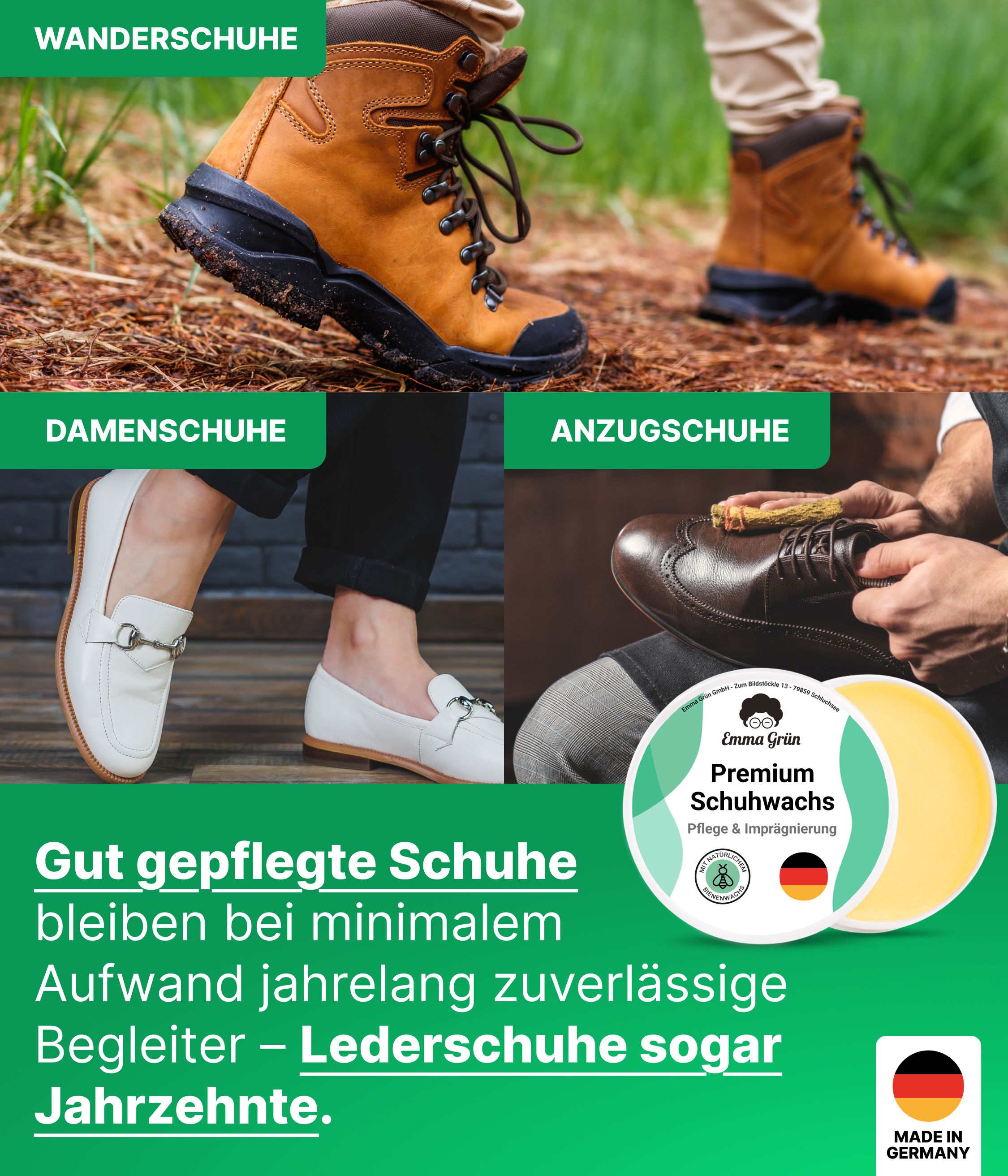 Schuhe: Wander-, Damen-, Anzugs. Dose Schuhwachs. Text: Gut gepflegte Schuhe bleiben jahrelang zuverlässige Begleiter.