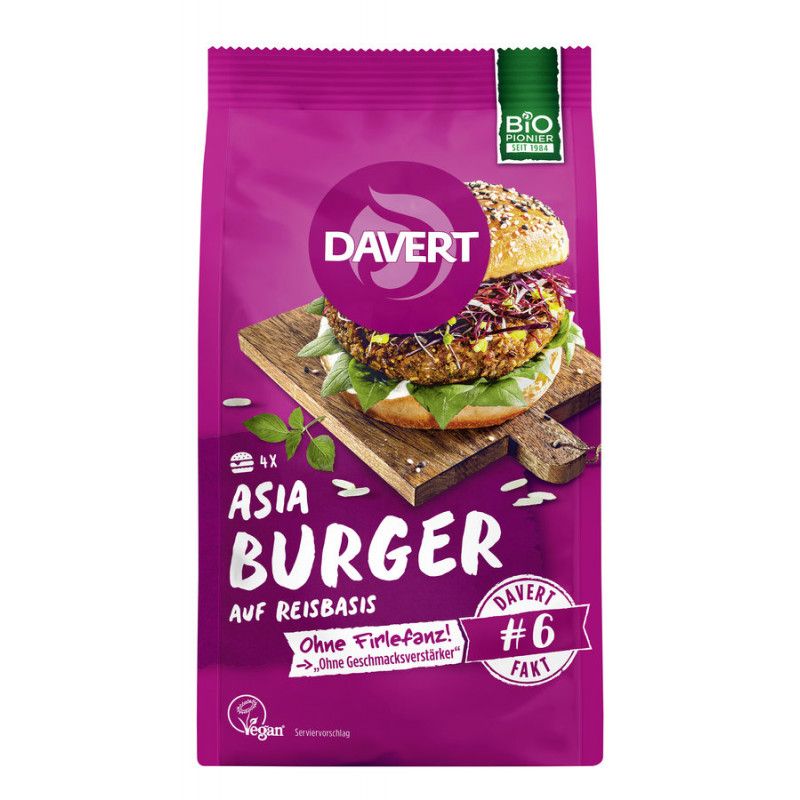 Verpackung mit Davert Asia Burger Reis. Abbildung eines Burgers auf Holzbrett. Bio-Siegel. Text: Ohne Firlefanz, vegan.