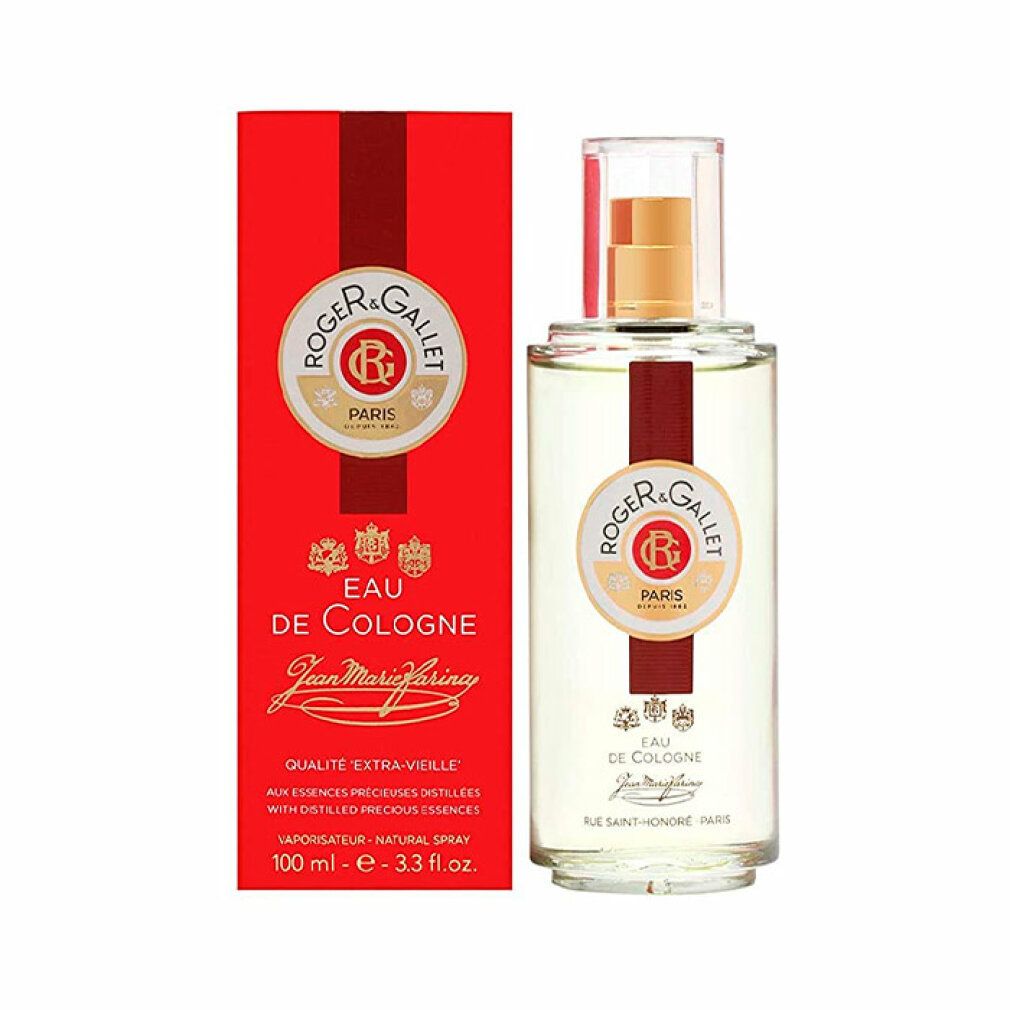 Flakon und rote Verpackung. ROGER & GALLET Logo und Schriftzug. Text: Eau de Cologne, 100 ml.