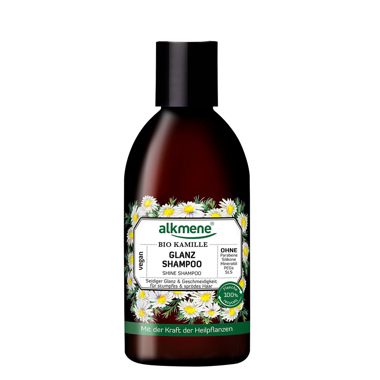 Braune Flasche mit schwarzem Deckel. Etikett mit Schriftzug 'alkmene BIO KAMILLE GLANZ SHAMPOO'. Vegan-Siegel und 100% Natur-Siegel.