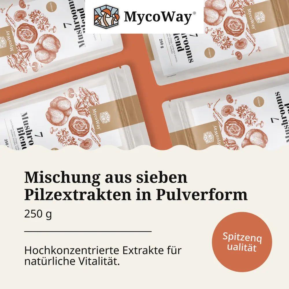 Produktverpackungen mit Text. Text: Mischung aus sieben Pilzextrakten in Pulverform, 250 g. Hochkonzentrierte Extrakte.