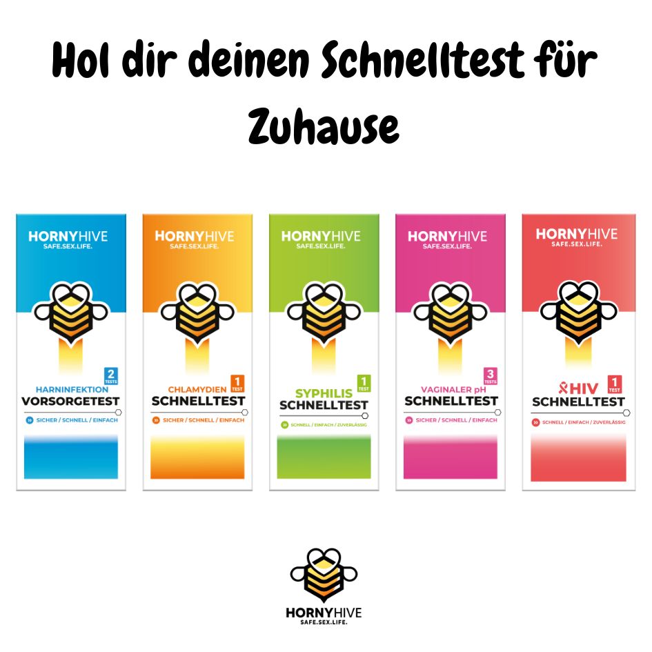 Fünf Schnelltest-Verpackungen. Verschiedene Farben, darunter Chlamydien Schnelltest (orange).