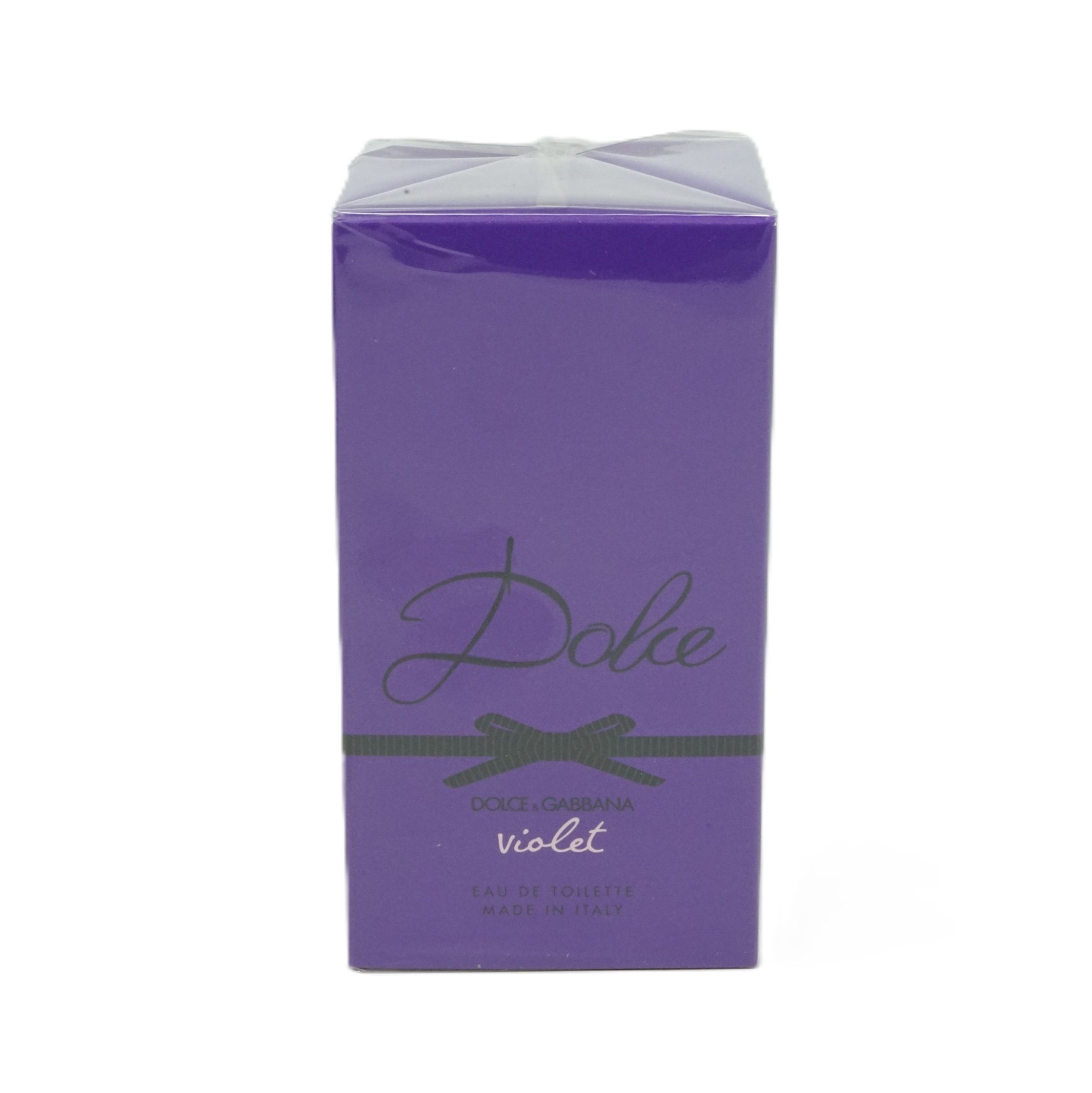 Violette Parfumverpackung. Aufschrift "Dolce" mit Schleife und "Dolce & Gabbana violet". Hergestellt in Italien.
