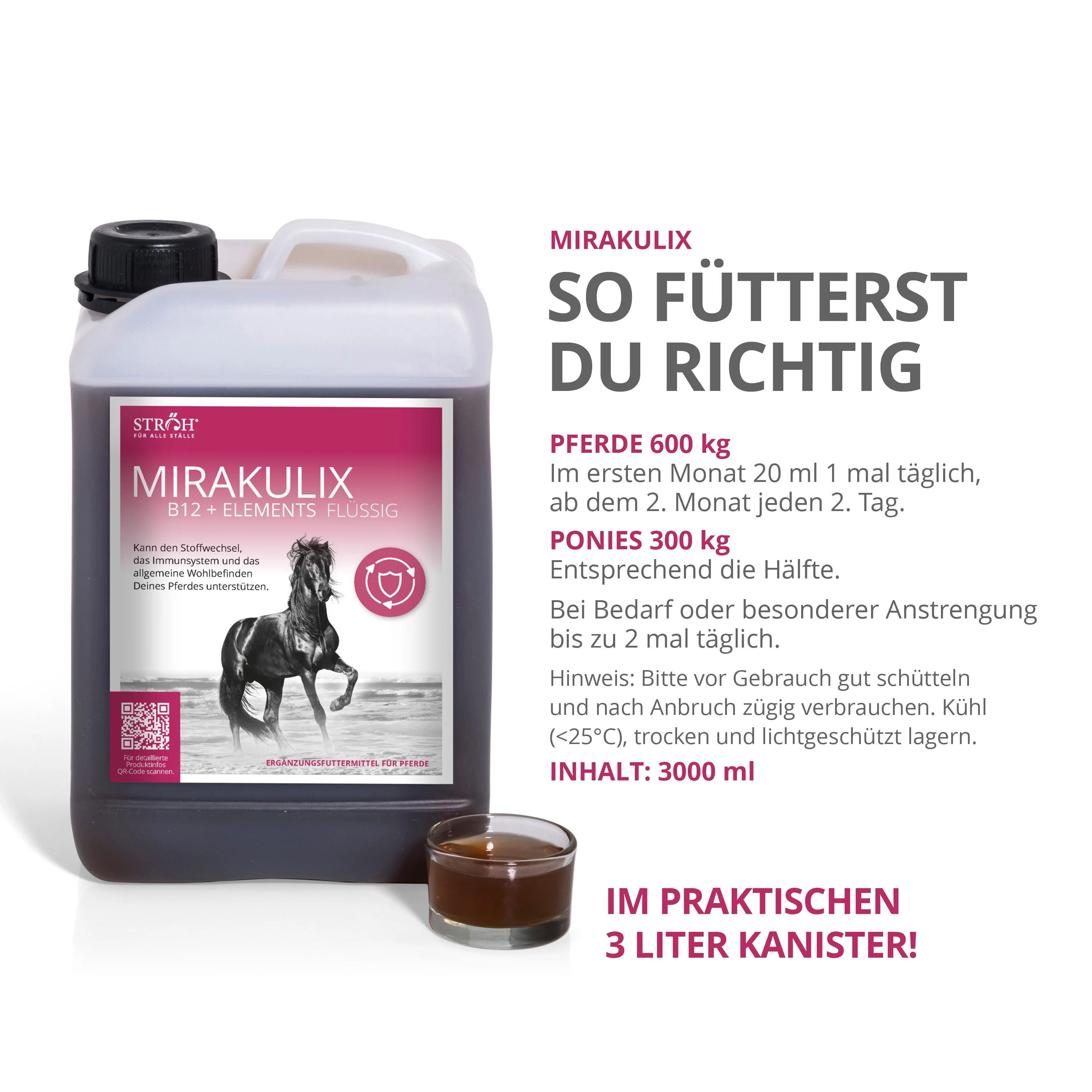 Kanister mit Flüssigkeit und Becher. Aufschrift: MIRAKULIX B12 + ELEMENTS FLÜSSIG. Logo mit Pferd. 3000 ml Inhalt.