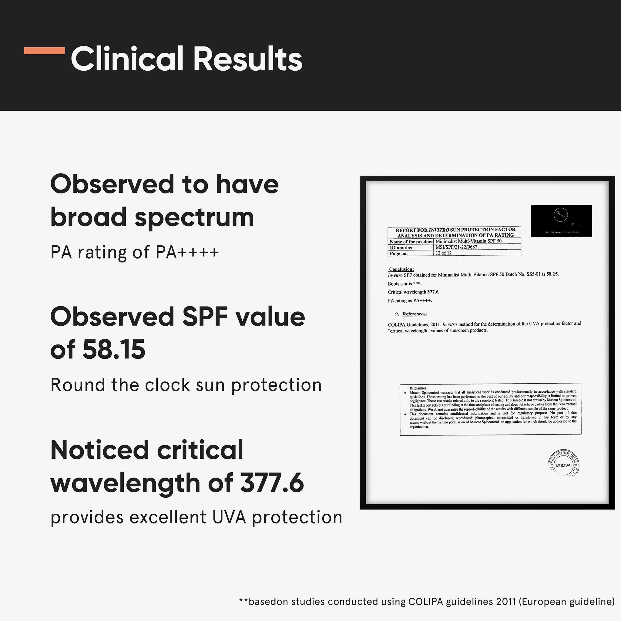 Text auf grauem Hintergrund. Text: Clinical Results, Observed SPF value of 58.15, Observed to have broad spectrum. Dokument mit Siegel.