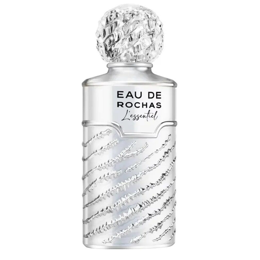 Silberfarbene Flasche mit geriffelter Oberfläche und Kappe. Aufschrift: Eau de Rochas L'Essentiel.
