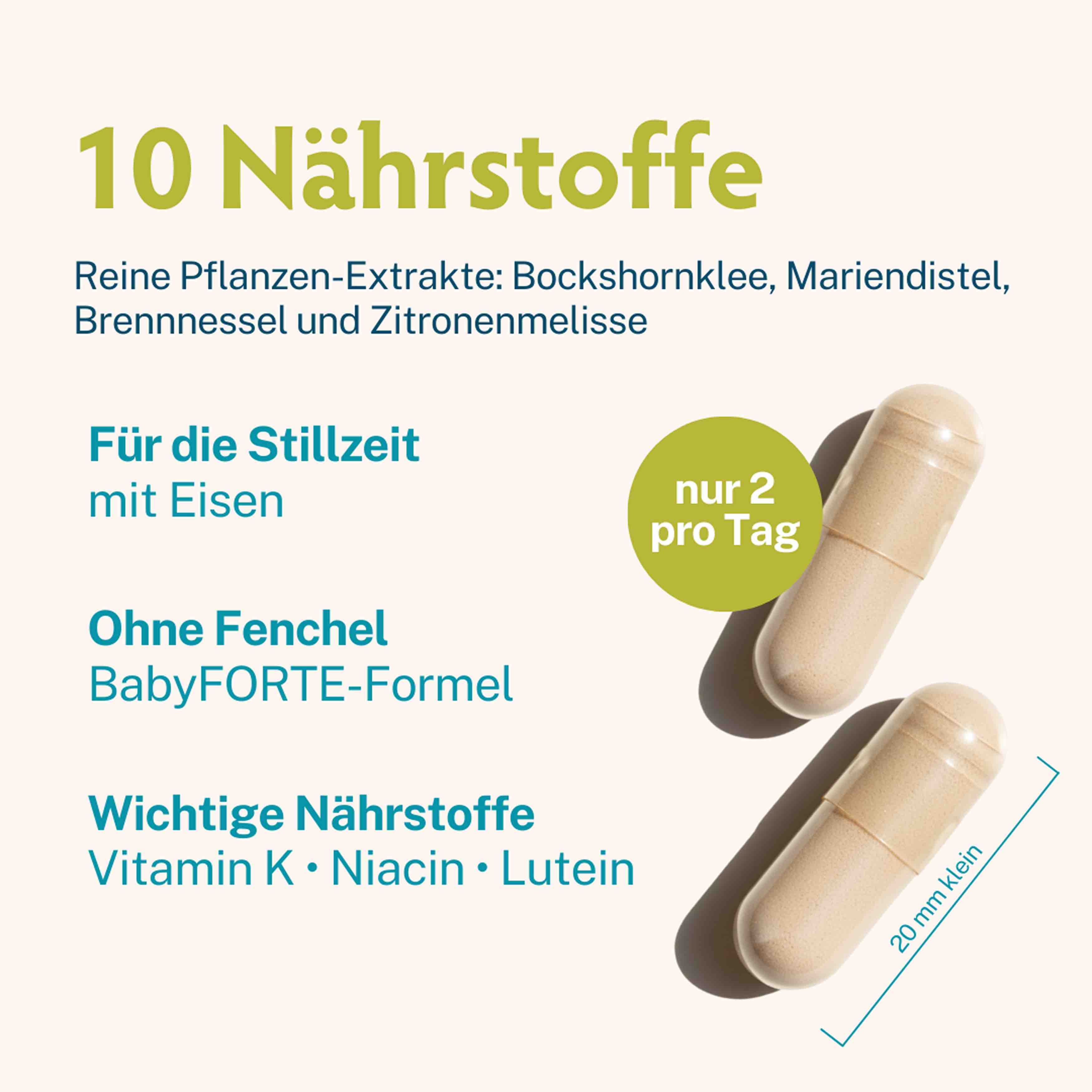 Zwei Kapseln. Text: 10 Nährstoffe, 2 pro Tag, BabyFORTE-Formel, 20 mm. Inhaltsstoffe: Bockshornklee, Mariendistel, Brennnessel, Zironenmelisse.