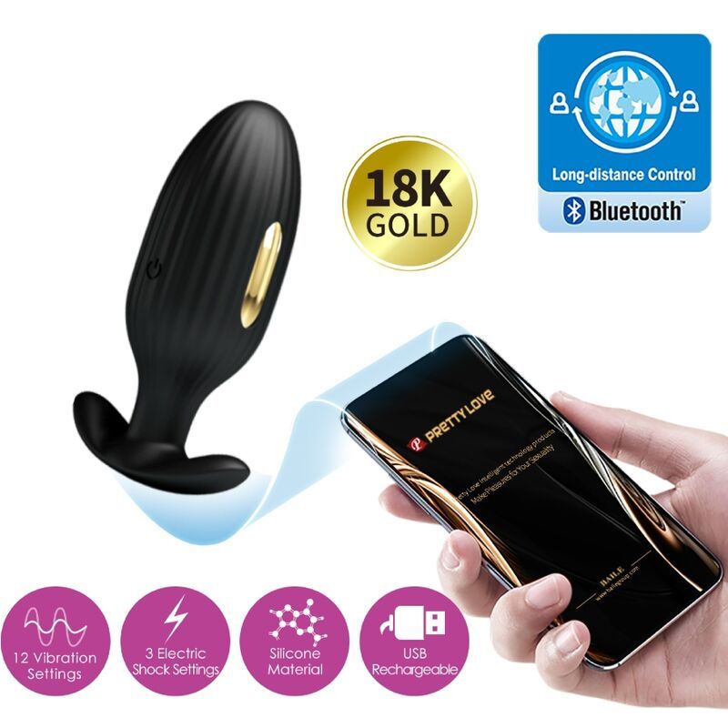 Schwarzer Plug mit goldfarbenem Akzent. Smartphone mit App-Oberfläche. Text: 18K Gold. Bluetooth-Logo.