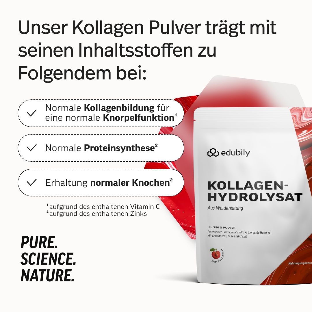 edubily Kollagen-Hydrolysat Pulver Beutel neben Liste von Vorteilen für Knochen und Knorpel.