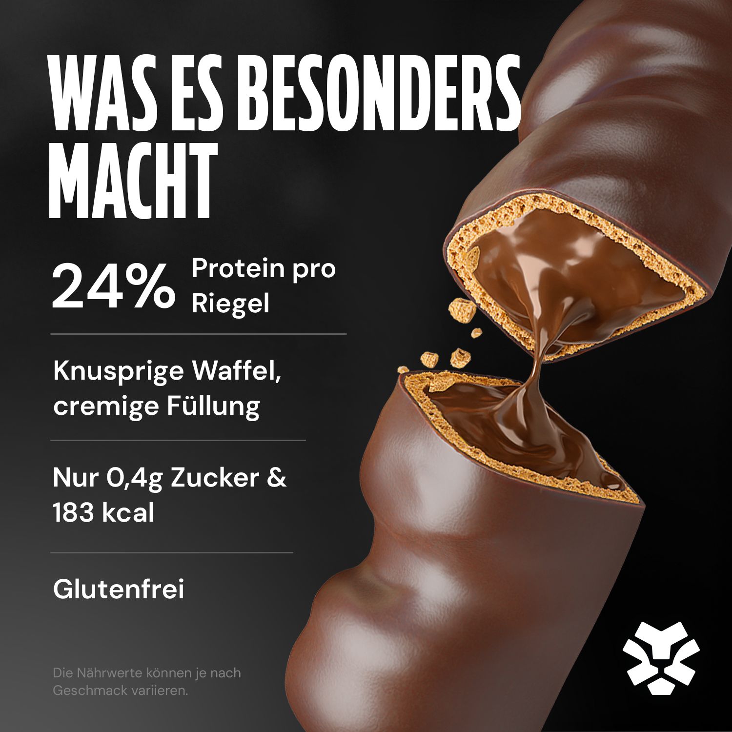 Proteinriegel-Schnitt mit 24% Protein. Knusprige Waffel, cremige Füllung. Nur 0,4g Zucker & 183 kcal. Glutenfrei.