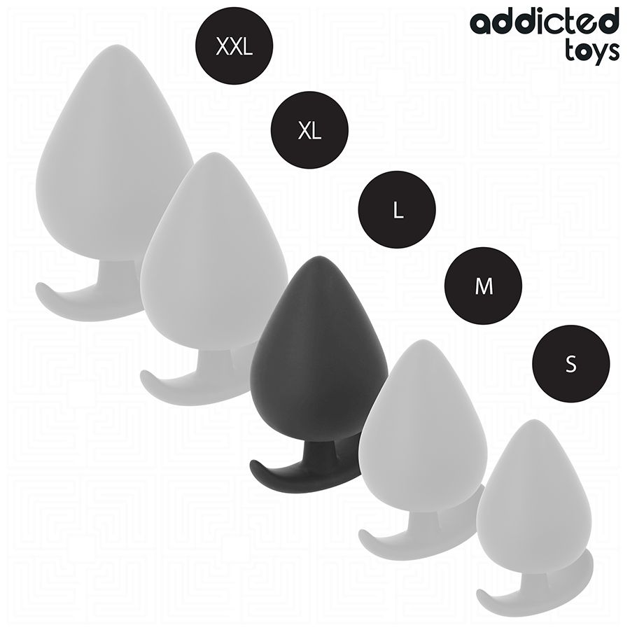 Verschiedene Größen von Analplugs. Schwarz, weiß. Größen: XXL, XL, L, M, S. Marke: Addicted Toys.