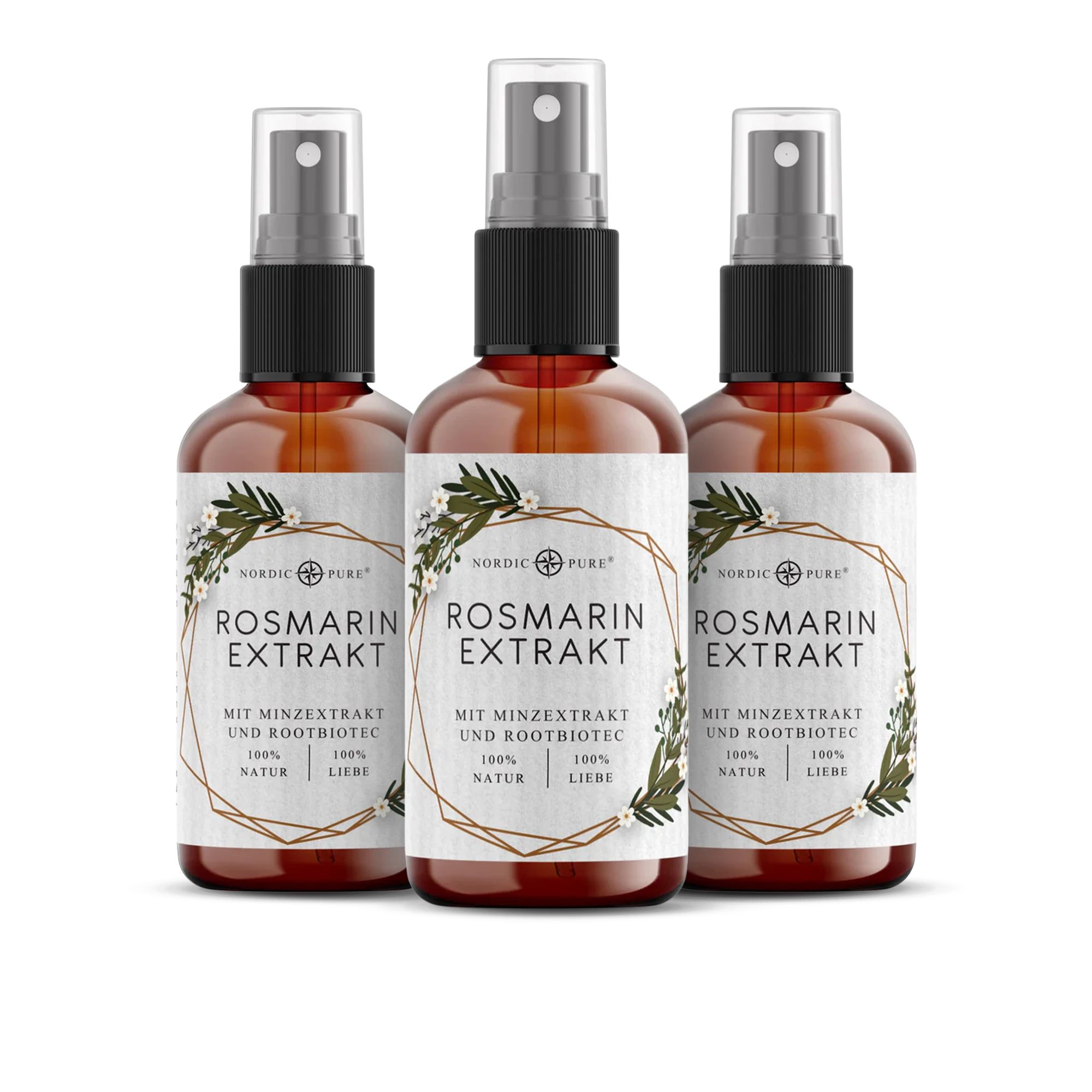 Drei braune Glasflaschen mit Sprühkopf. Etikett mit Produktnamen und Logo. Auf weißem Hintergrund.