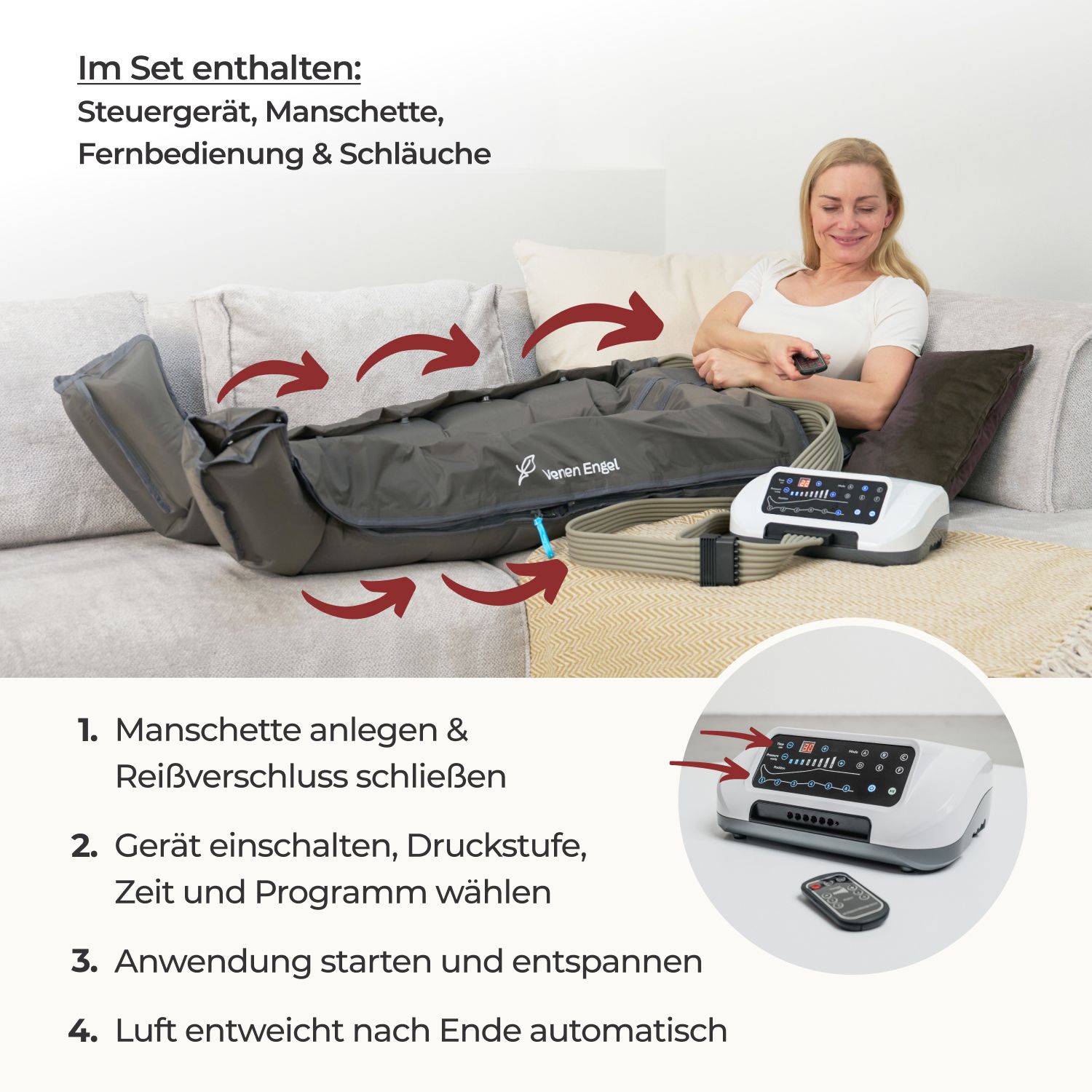 Venen Engel 6 Premium: Steuergerät, Manschette, Fernbedienung & Schläuche im Set.