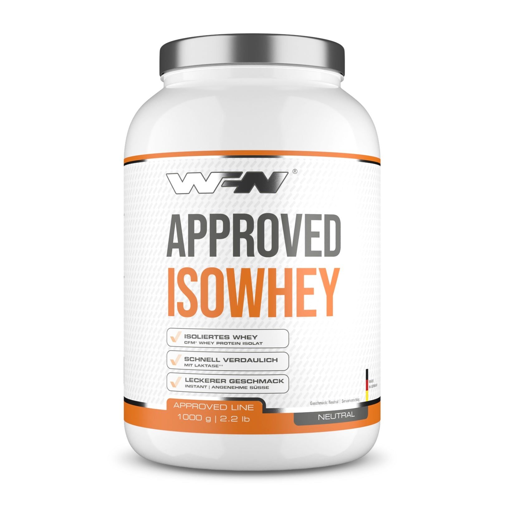 Weiße Dose mit silbernem Deckel. Aufschrift "APPROVED ISOWHEY". Enthält 1000g. Mit Zertifizierungen und Geschmacksangabe.