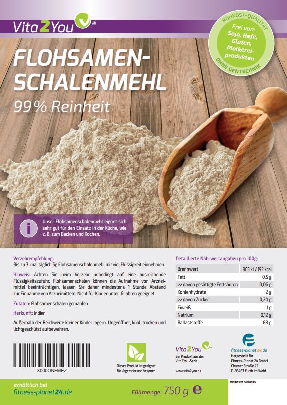 Packung Flohsamenschalenmehl, 99% Reinheit. Holzschaufel mit Pulver. Text: Vita2You, glutenfrei, ohne Gentechnik.