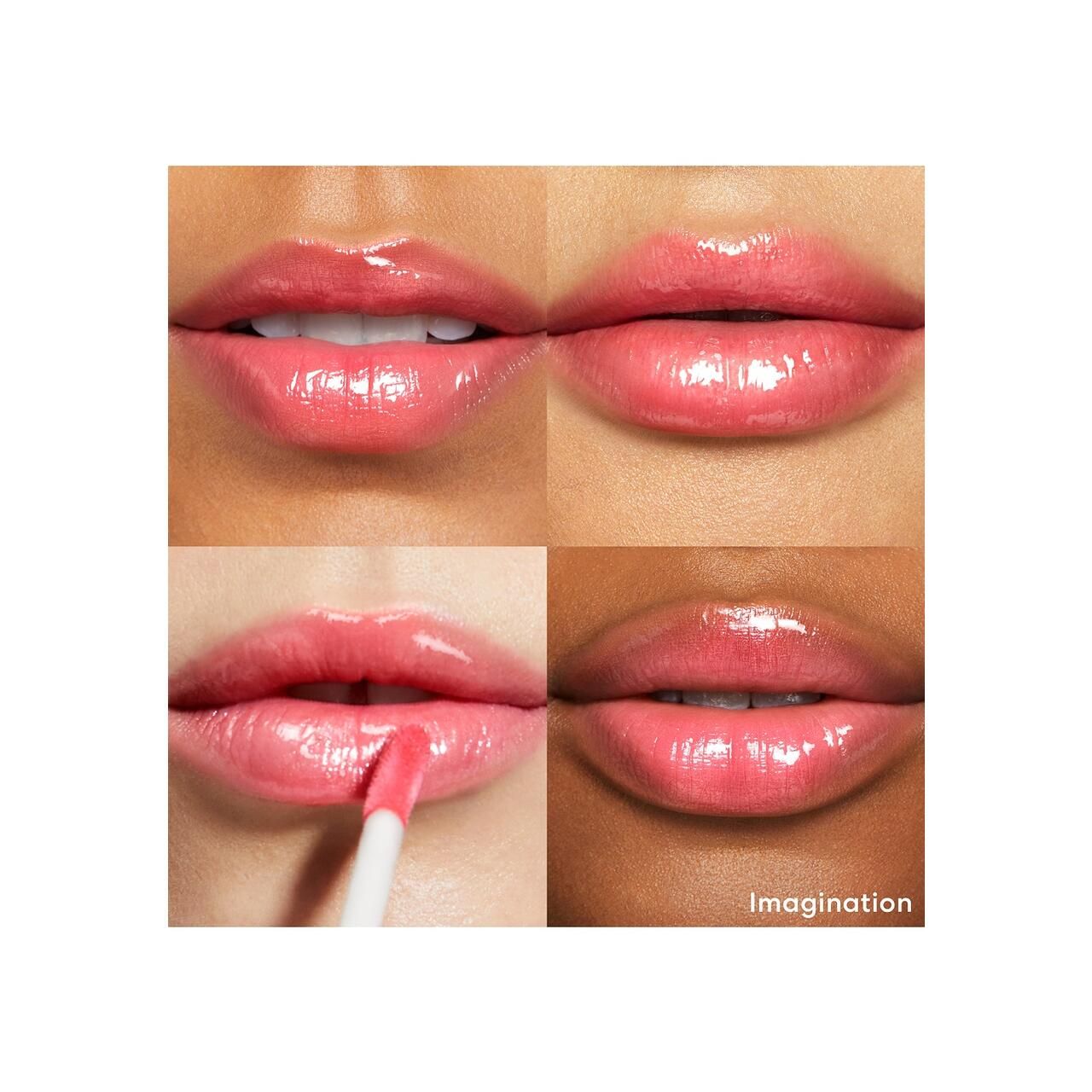 Vier Nahaufnahmen von Lippen mit rosa Lipgloss. Auf einem Bild steht "Imagination".