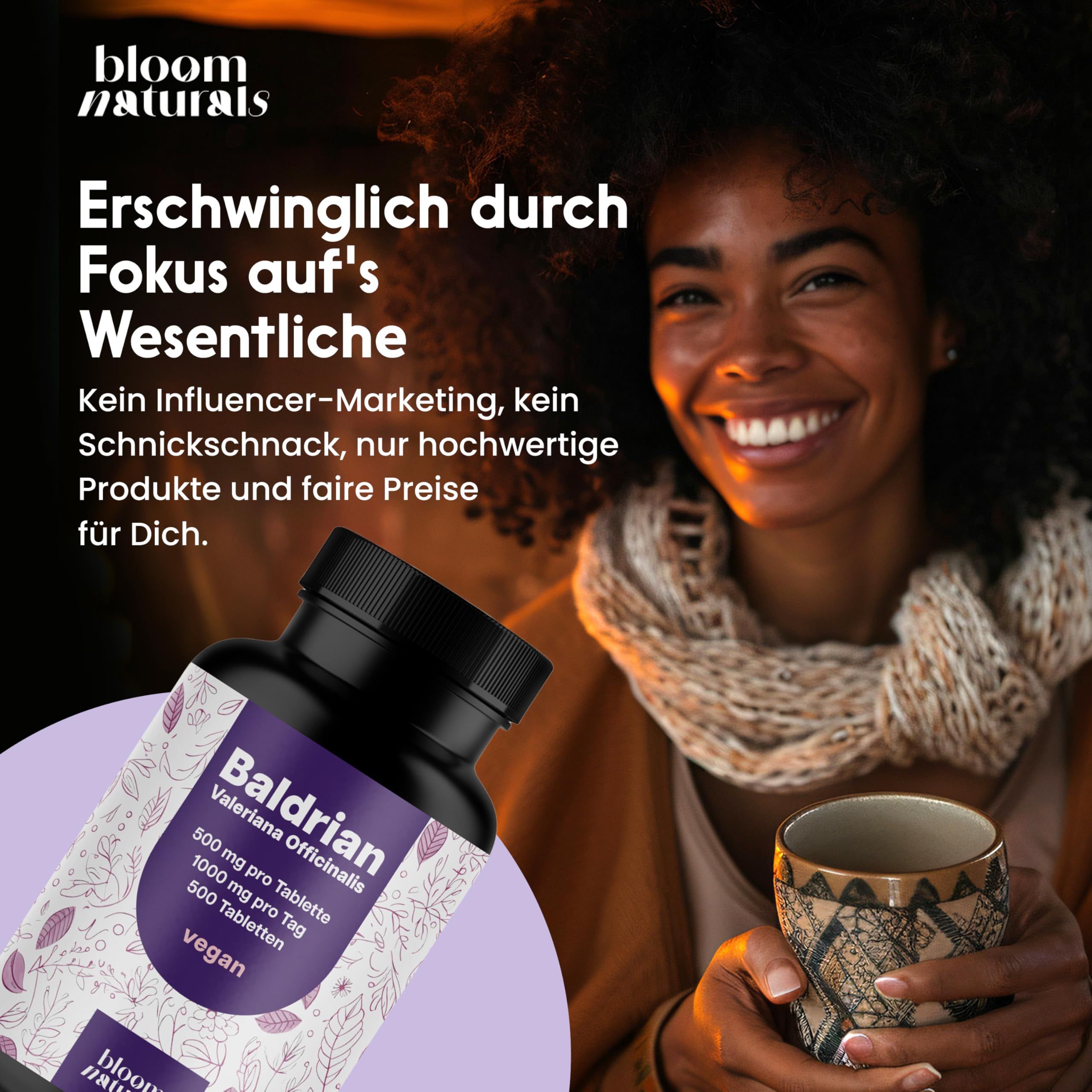 Eine Frau hält eine Flasche Baldrian-Tabletten. Text: Erschwinglich durch Fokus auf Wesentliche. Marke: bloom naturals.