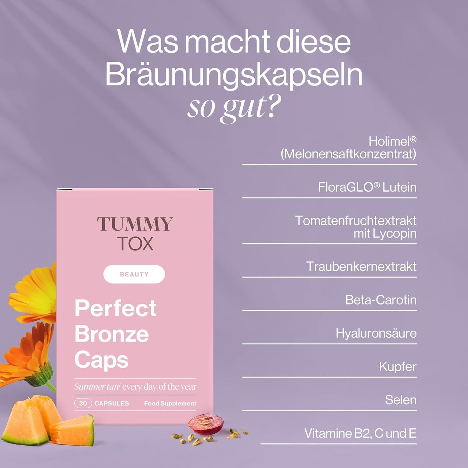 Rosa Schachtel mit 'Tummy Tox Perfect Bronze Caps'. Zutaten: Holimel, Lutein, Tomatenextrakt, Traubenkernextrakt, Beta-Carotin, Hyaluronsäure, Kupfer, Selen.