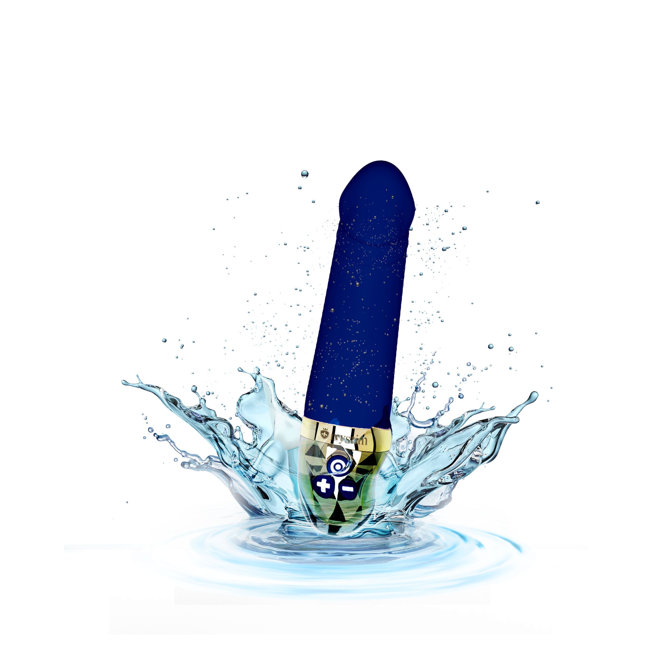 Blauer Vibrator im Wasser. Goldfarbener Sockel mit Bedienelementen. Logo 'mystim'.