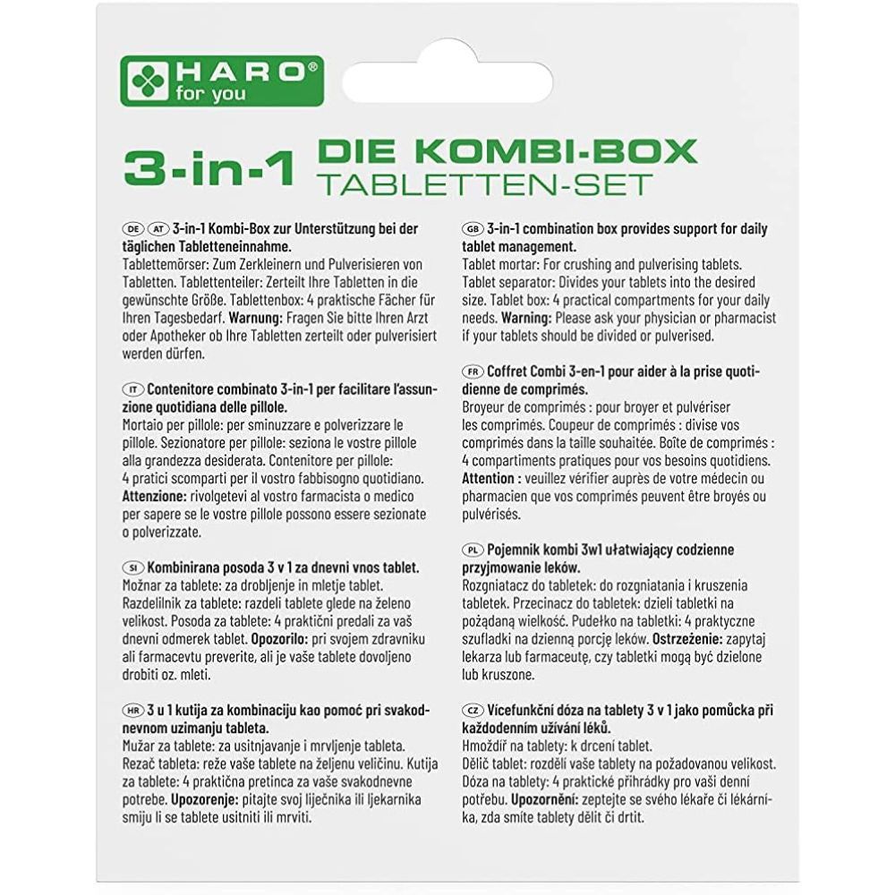 Rückseite der Kombi-Box Tabletten-Set-Verpackung. Text in Deutsch, Englisch, Italienisch, Niederländisch und Kroatisch.