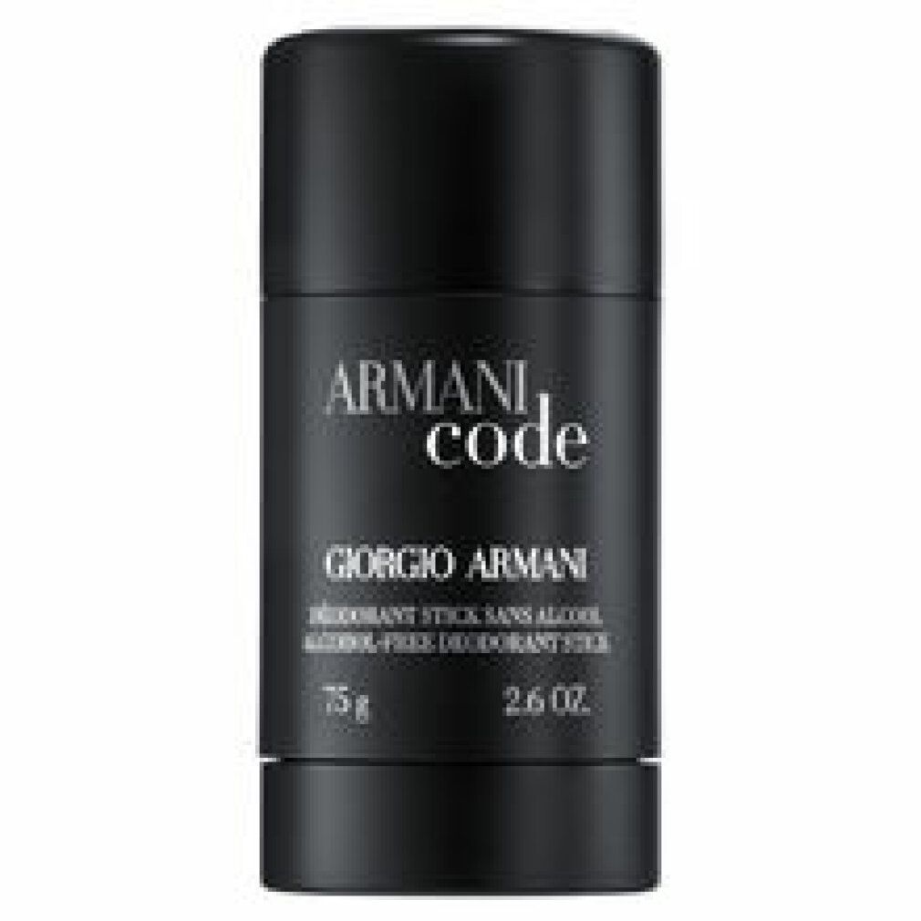 Schwarzer Deostick. Aufschrift: ARMANI code, GIORGIO ARMANI, Deodorant Stick sans alcool, 75 g, 2.6 oz.
