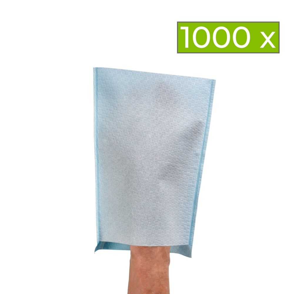 Blauer Waschhandschuh auf einer Hand. Text: 1000 x. Der Handschuh ist rechteckig und hat eine offene Seite.
