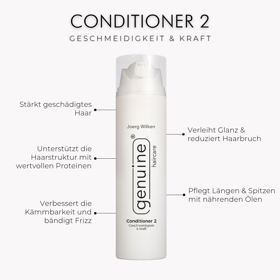 Weiße Flasche mit Sprühkopf. Text: Conditioner 2, Geschmeidigkeit & Kraft. Zusätzliche Textbeschreibungen.