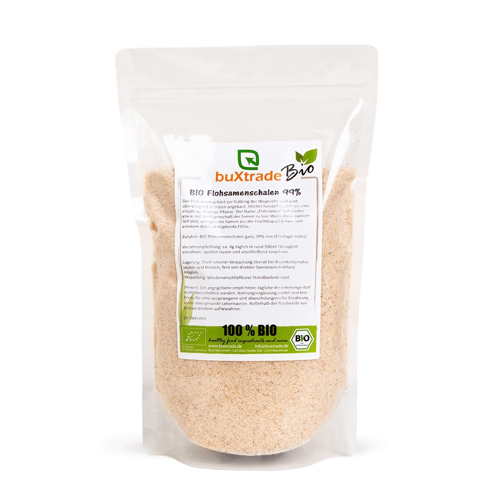 Transparente Verpackung mit buXtrade Bio Flohsamenschalen 99%. Etikett mit Produktinformationen und Bio-Siegel.