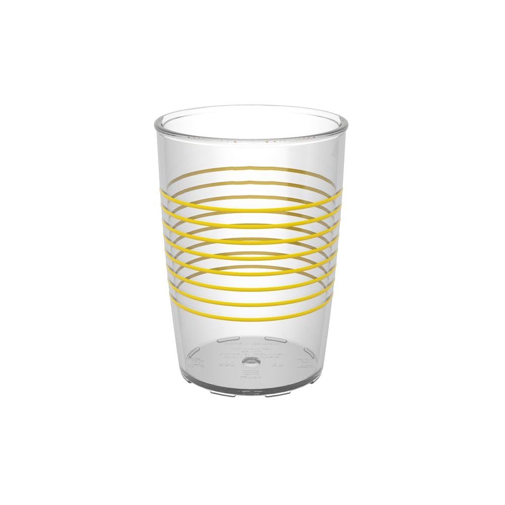 Transparenter Becher mit gelben Ringen.