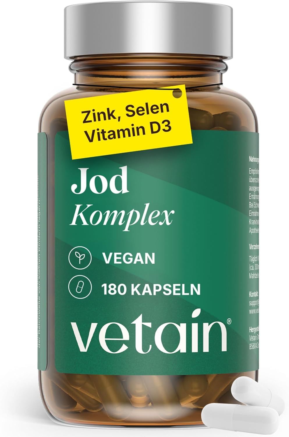 VETAIN Jod Komplex für Schilddrüse - mit Jod aus Bio-Kelp, Selen, Vitamin D3, Zink - 100% Vegan