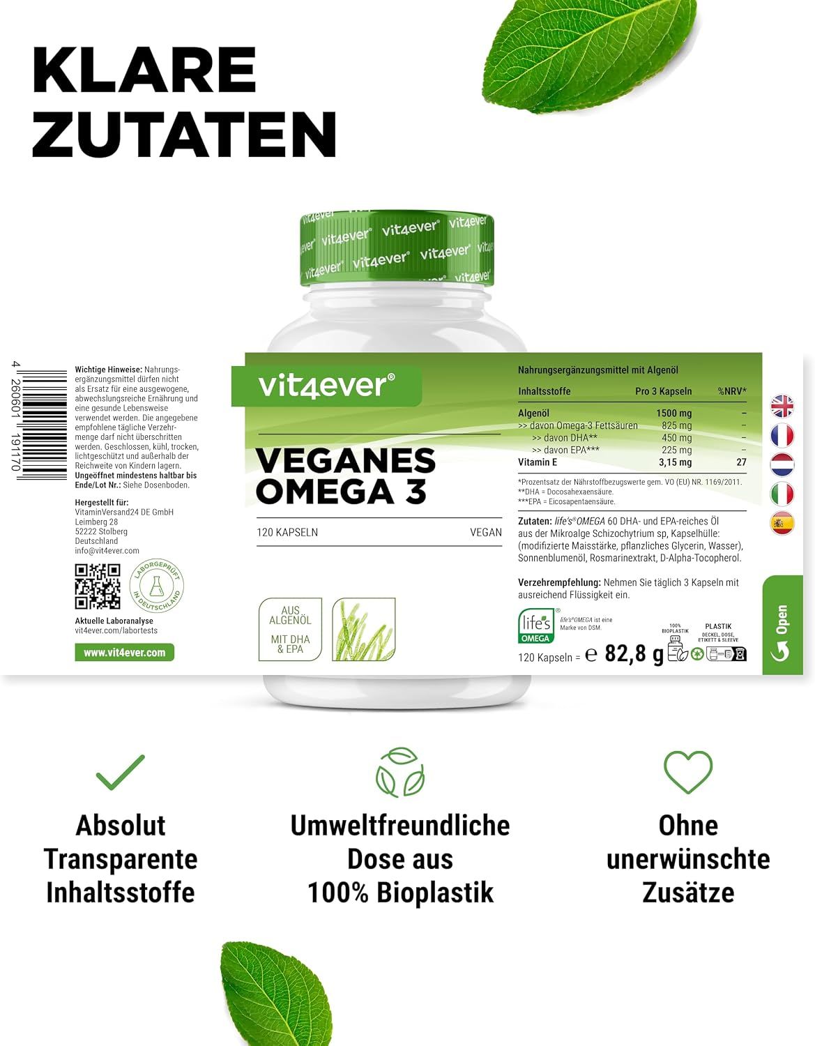 Vit4ever veganes Omega 3: Klare Zutatenliste und Nährwertangaben.