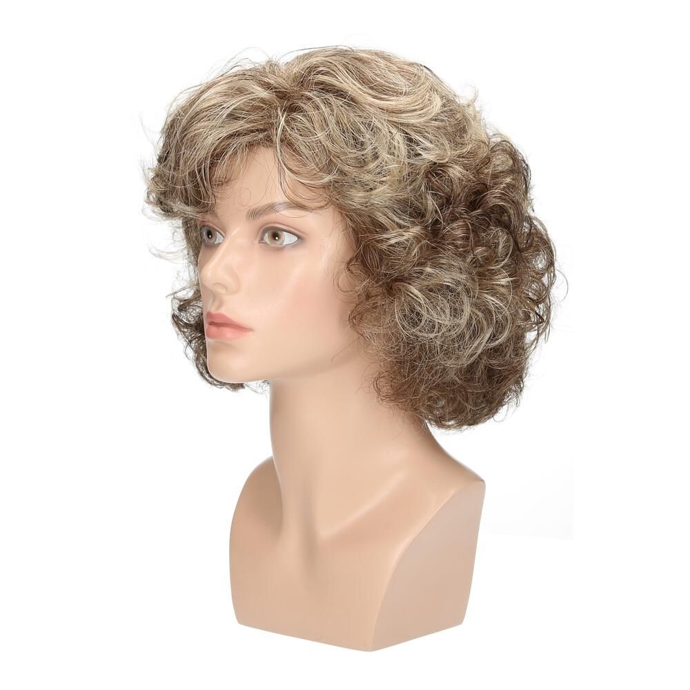 Perücke Violetta von Lofty, blond-braun gelockt, auf einer Büste. Seitenansicht.