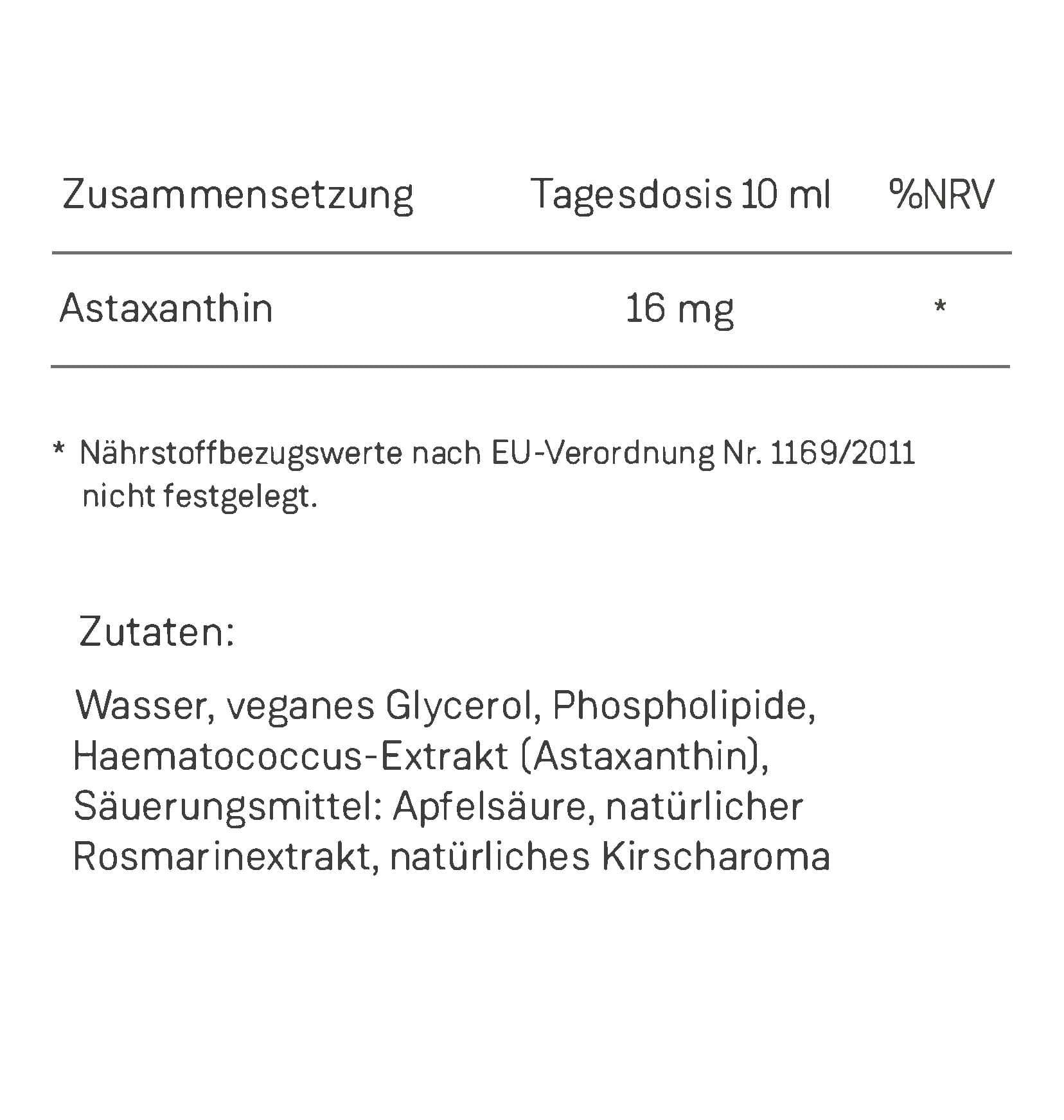 Text auf weißem Hintergrund. Auflistung von Inhaltsstoffen und Nährwertangaben für Astaxanthin.