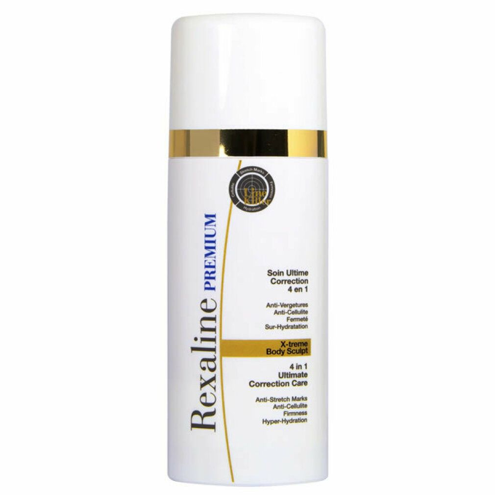 Weißer Zylinder mit goldenem Ring und Deckel. Text: Rexaline Premium, 4 in 1 Ultimate Correction Care, Anti-Dehnungsstreifen, Anti-Cellulite.
