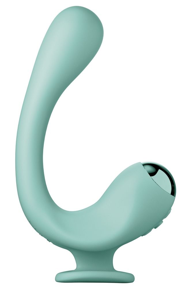 Türkisfarbener Vibrator mit gebogener Form, metallischer Spitze und Bedienknöpfen.