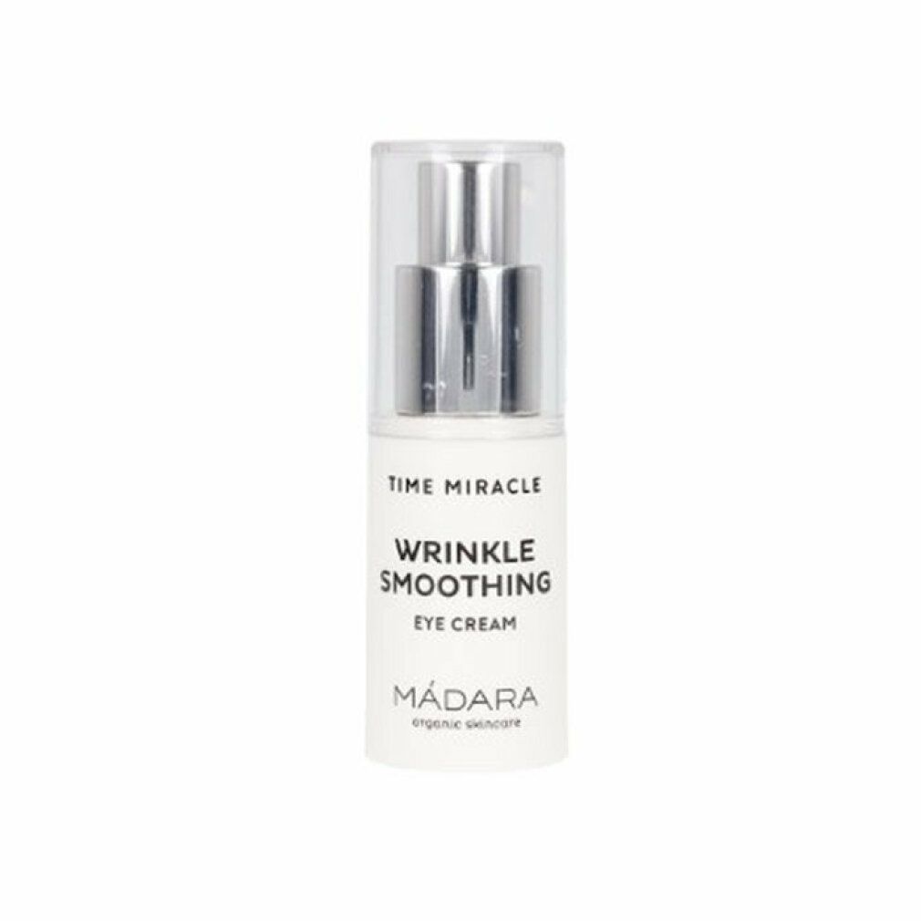 Madara Time Miracle Augencreme. Weiße Flasche mit silbernem Spender. Text: Time Miracle, Wrinkle Smoothing, Eye Cream. Transparent Kappe.