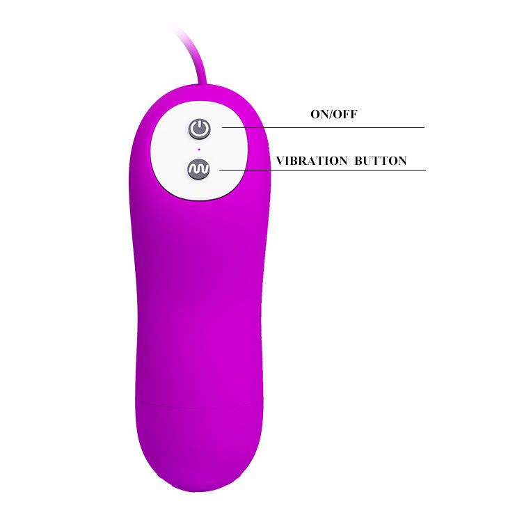 Lila Fernbedienung mit zwei Knöpfen: Ein/Aus und Vibration. Text: Ein/Aus und Vibrationstaste.