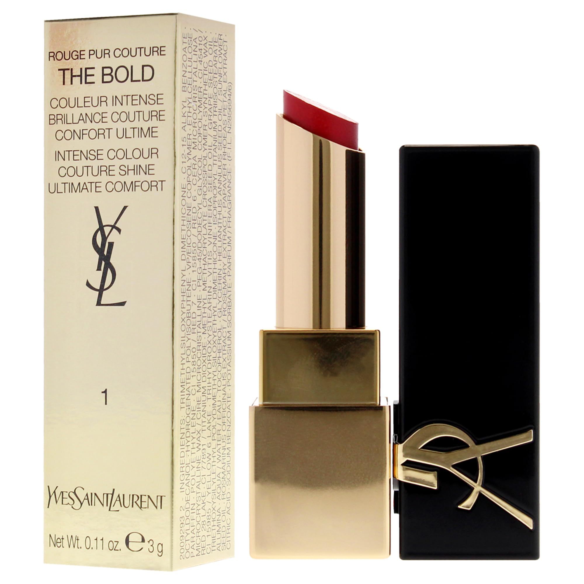 Roter Lippenstift mit goldener Hülse und schwarzem Deckel. Goldene Verpackung mit Text und Logo.