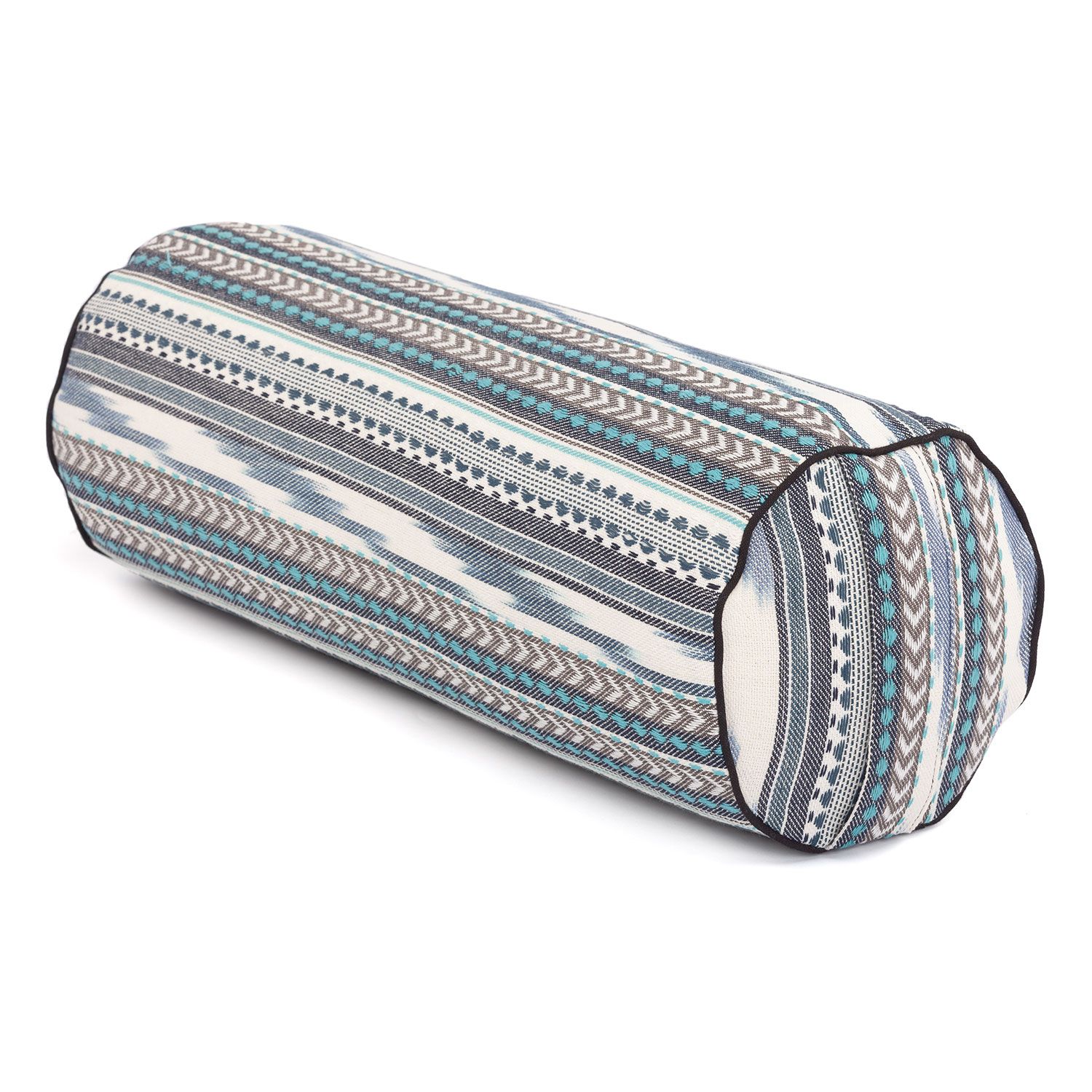 bodhi ETHNO Collection: Yoga-Bolster (rund), Ikat-Webstoff, schwarz-weiß-blau gem., Dinkelhülsen