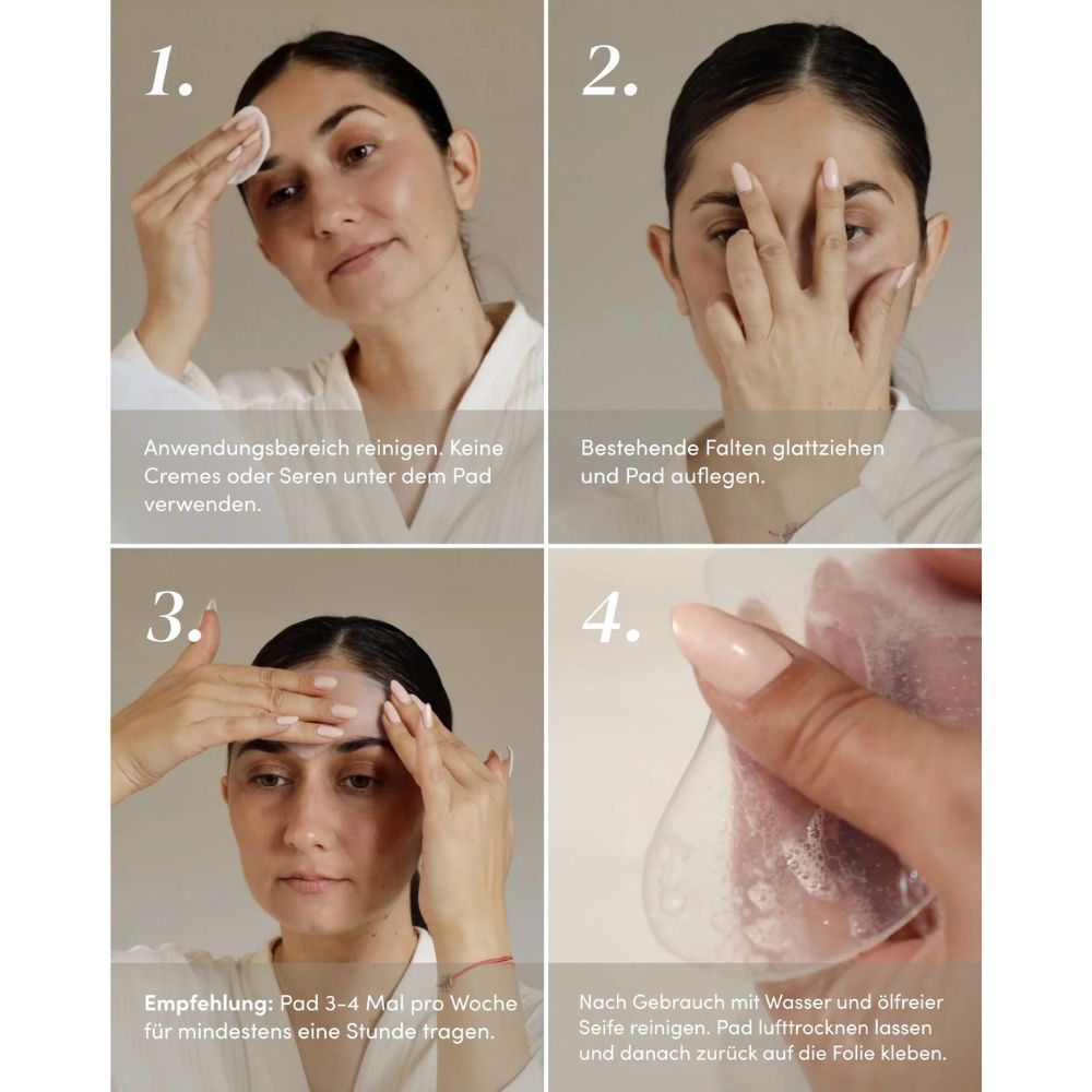 Vier Bilder zeigen die Anwendung des Stirn Pads. Reinigung, Falten glätten, Pad auflegen, und Trocknen nach Gebrauch.