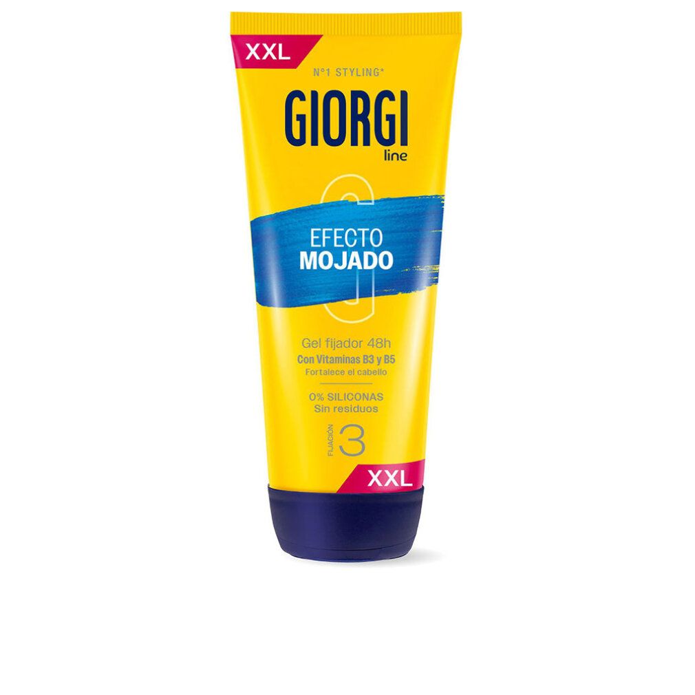 Gel-Tube mit gelbem Design. Aufschrift: Giorgi Line, Efecto Mojado, Faktor 3. Blaue und gelbe Elemente.
