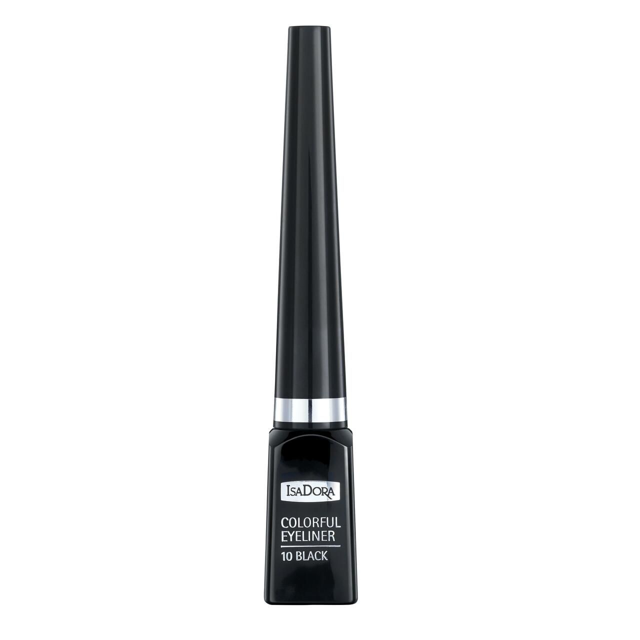 Schwarzer IsaDora Colorful Eyeliner. Flasche mit spitzem Applikator. Produktname und Farbton auf der Flasche.