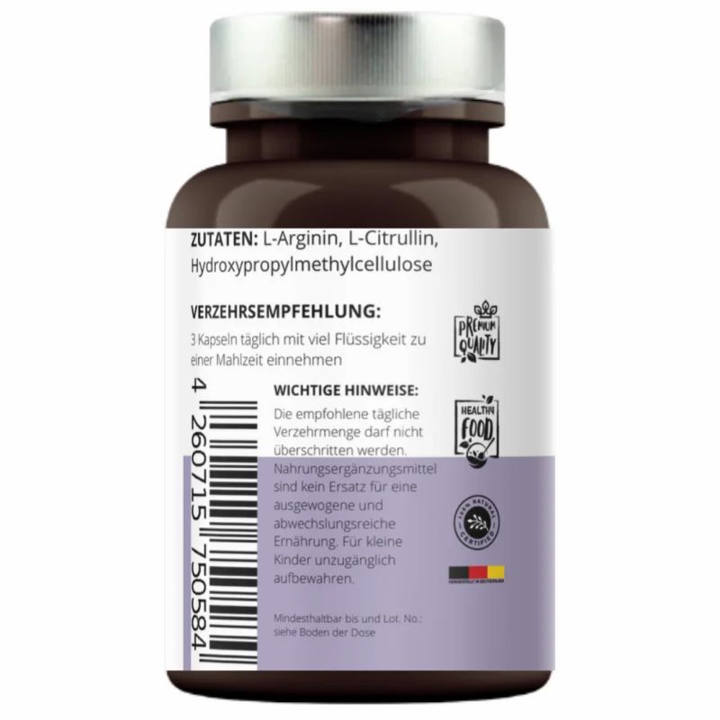 Rückseite der Flasche. Zutatenliste, Verzehrempfehlung, wichtige Hinweise. Qualitäts- und Gesundheitszeichen. Barcode.