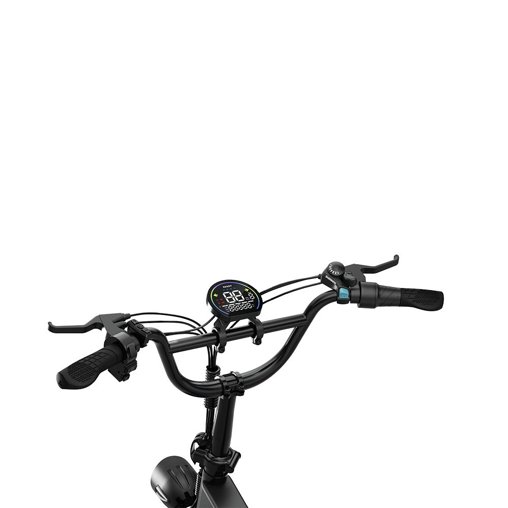 Lenker eines schwarzen Elektrofahrrads mit Display, Bremshebeln und Griffen. Nahaufnahme.