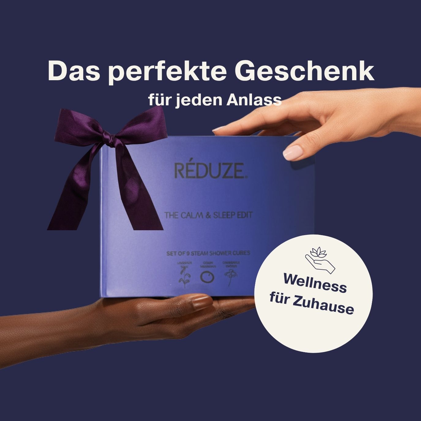 Hände halten eine blaue Geschenkbox. RÉDUZE-Logo. Text: Das perfekte Geschenk für jeden Anlass. Wellness für Zuhause.