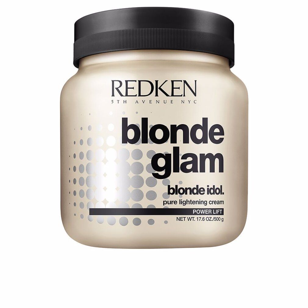 Beige Dose mit schwarzem Deckel. Aufschrift: REDKEN, blonde glam, blonde idol, pure lightening cream, Power Lift. Gewicht: 17.6 OZ/500g.
