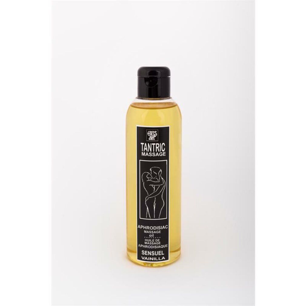 Flasche Tantrisches Massageöl, gelbe Flüssigkeit, schwarzer Deckel, Etikett mit stilisiertem Paar.