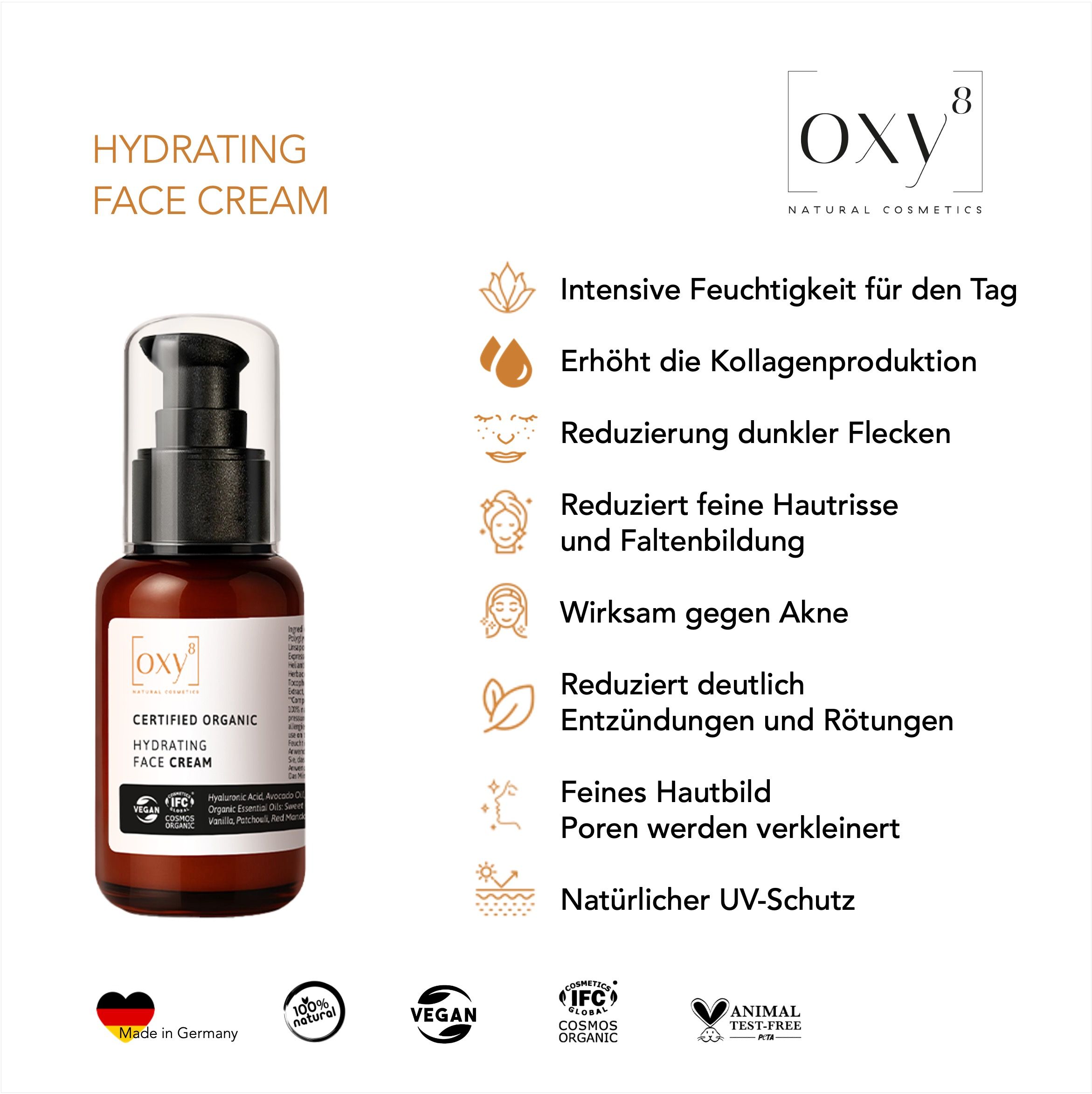 Produktflasche mit Text. Text: Hydrating Face Cream, oxy8, Certified Organic. Vorteile und Logos.