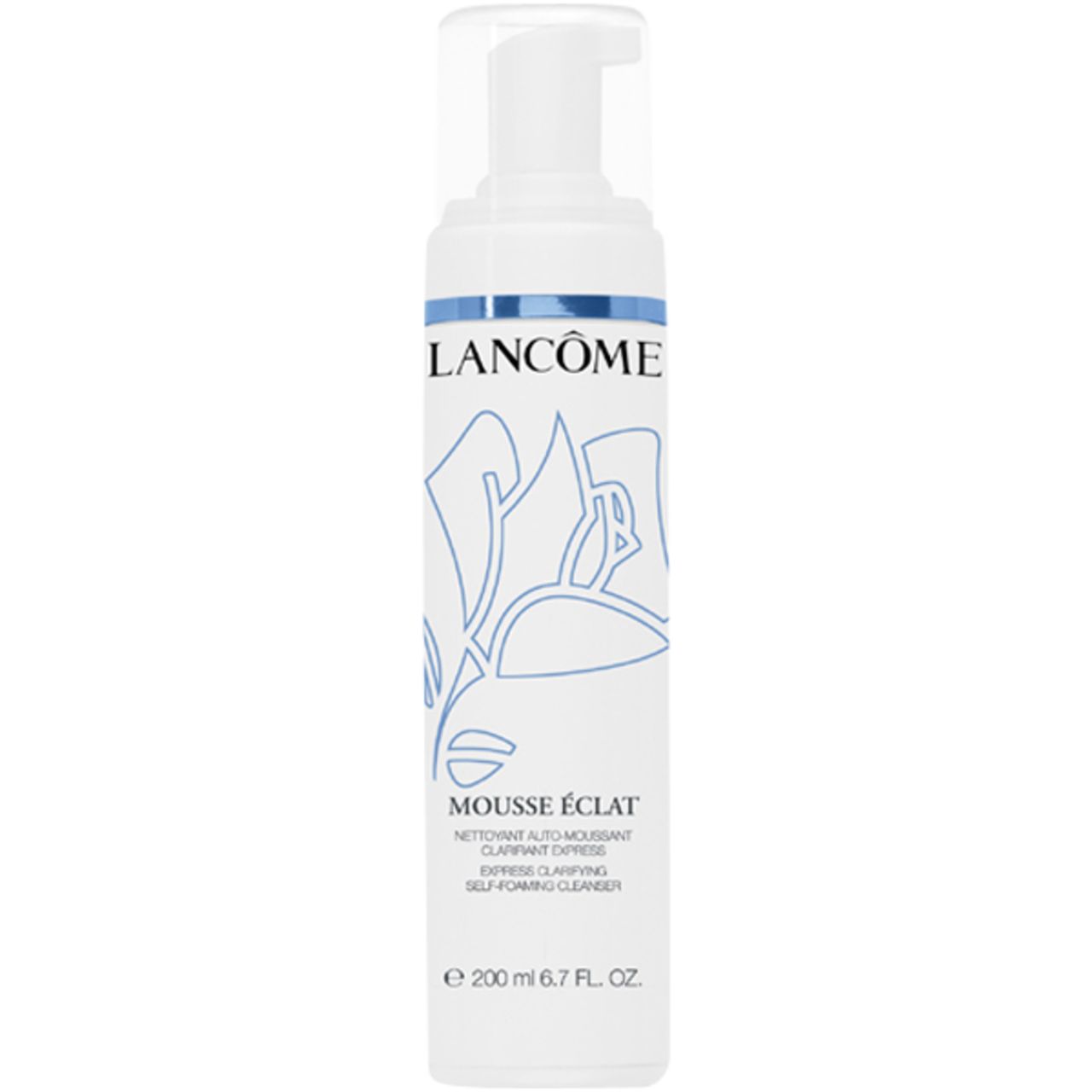 Weißer Flakon mit Pumpverschluss. Blaue Blume und Schriftzug. Text: Mousse Éclat, Self-forming Cleanser. 200 ml.