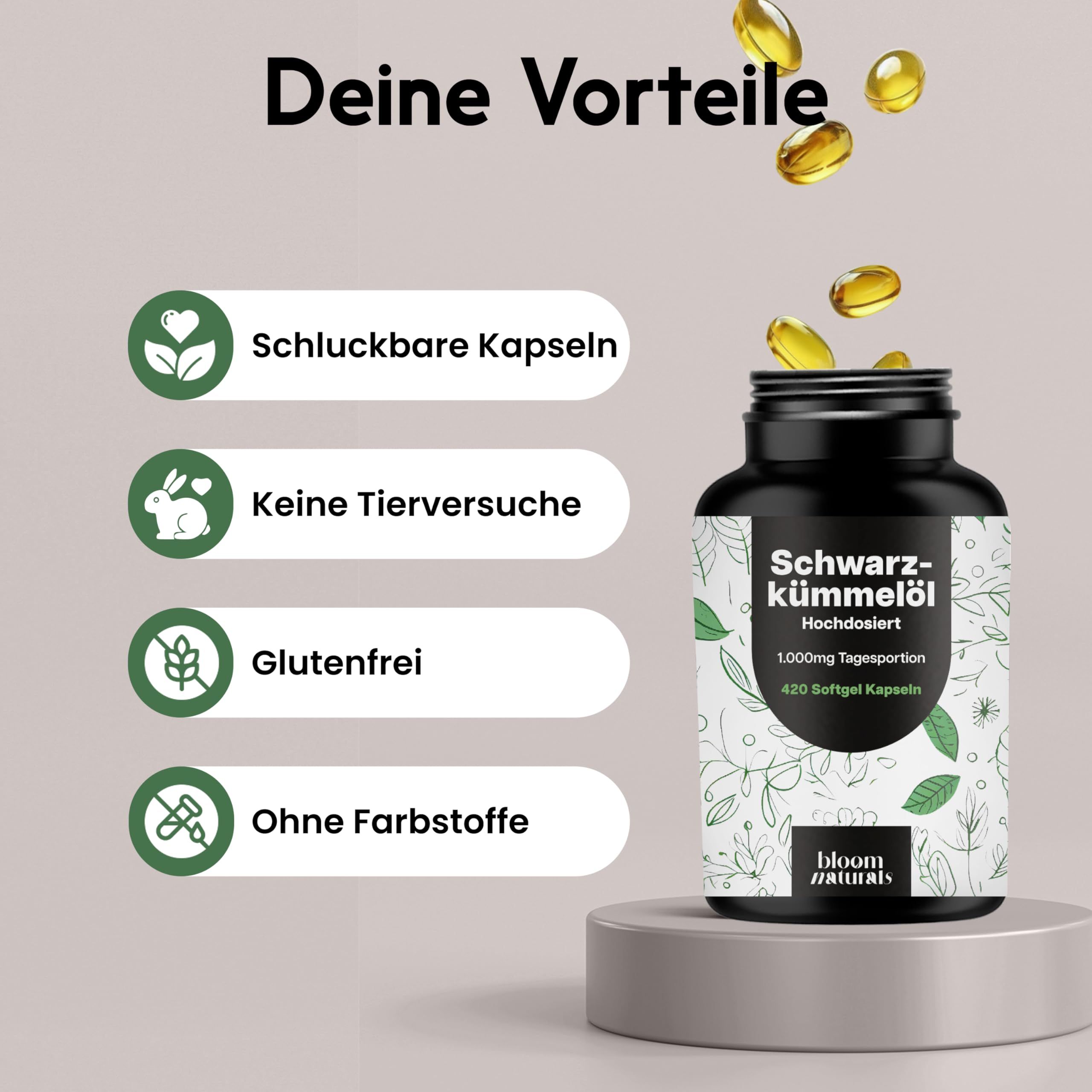 Schwarze Flasche mit Kapseln, daneben Icons: Schluckbare Kapseln, Keine Tierversuche, Glutenfrei, Ohne Farbstoffe.